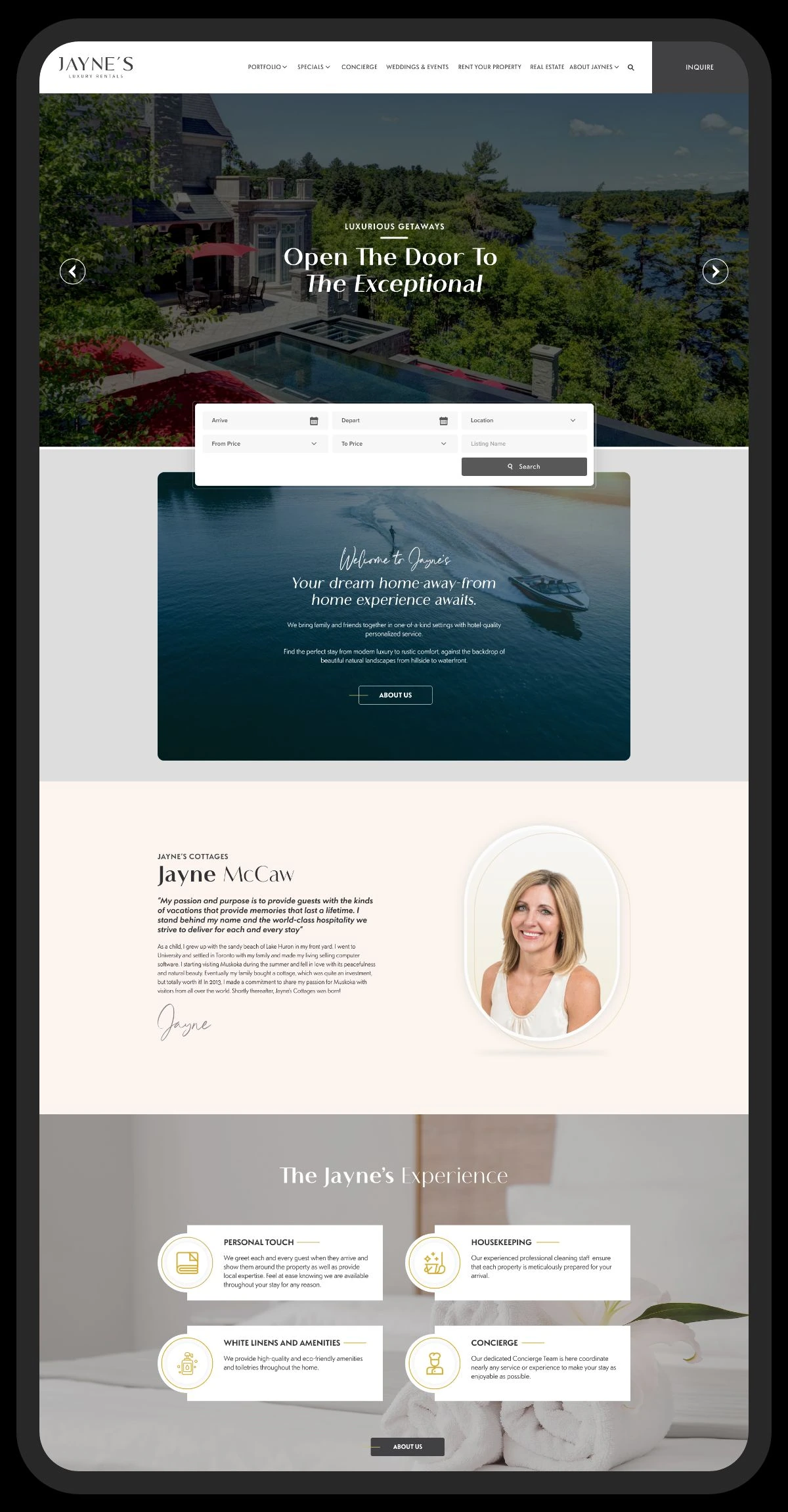 Jayne's Luxury Rentals website home page in a phone mock-up