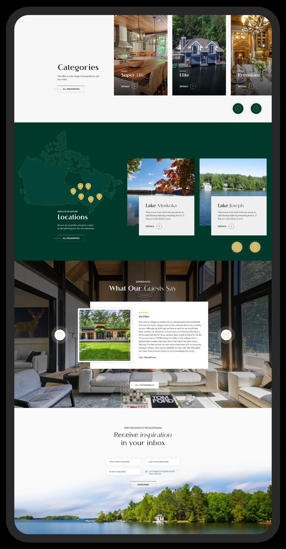 Jayne's Luxury Rentals website — featured cottages and property listings