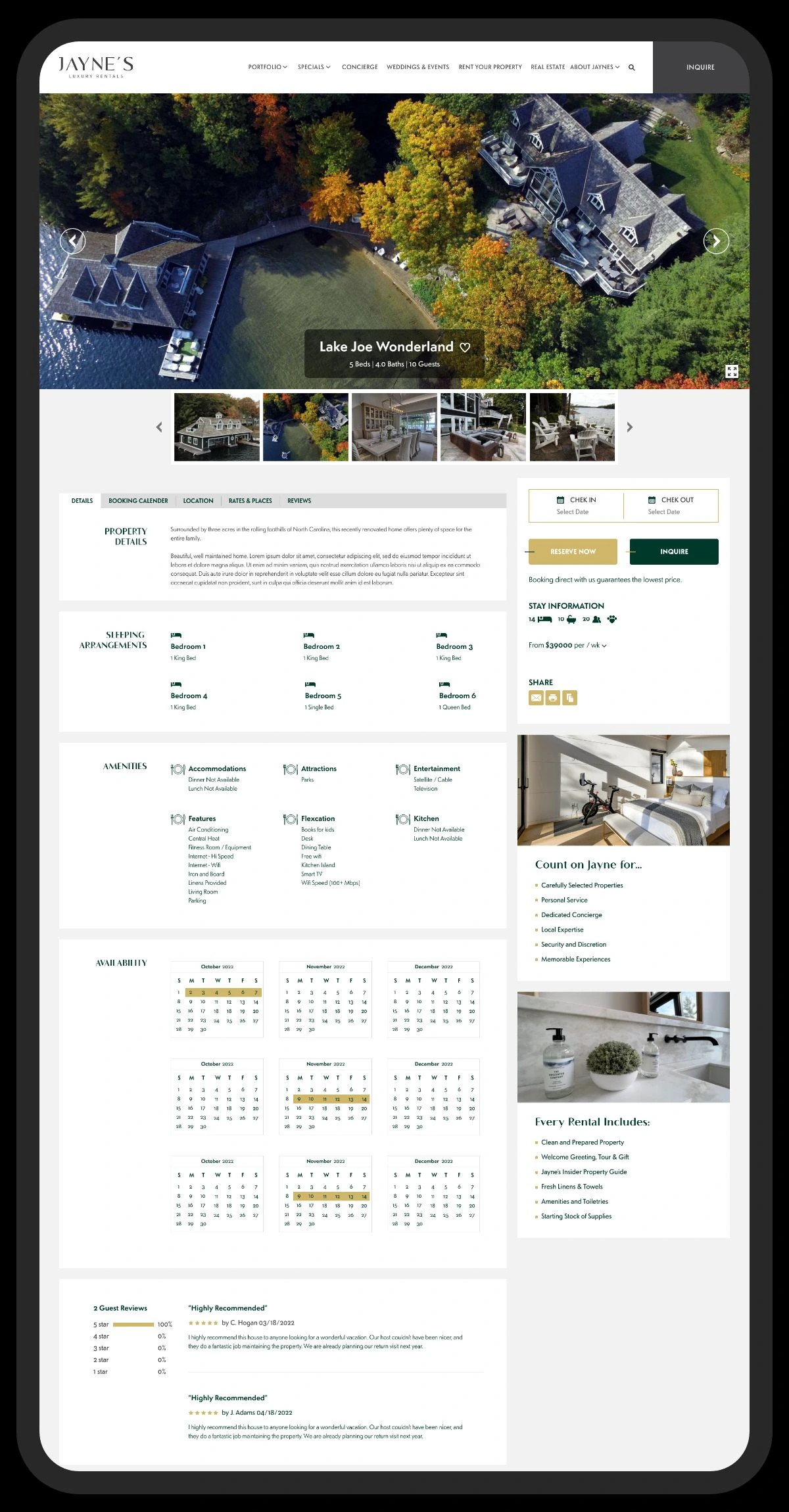 Jayne's Luxury Rentals website — cottage detail page with booking calendar