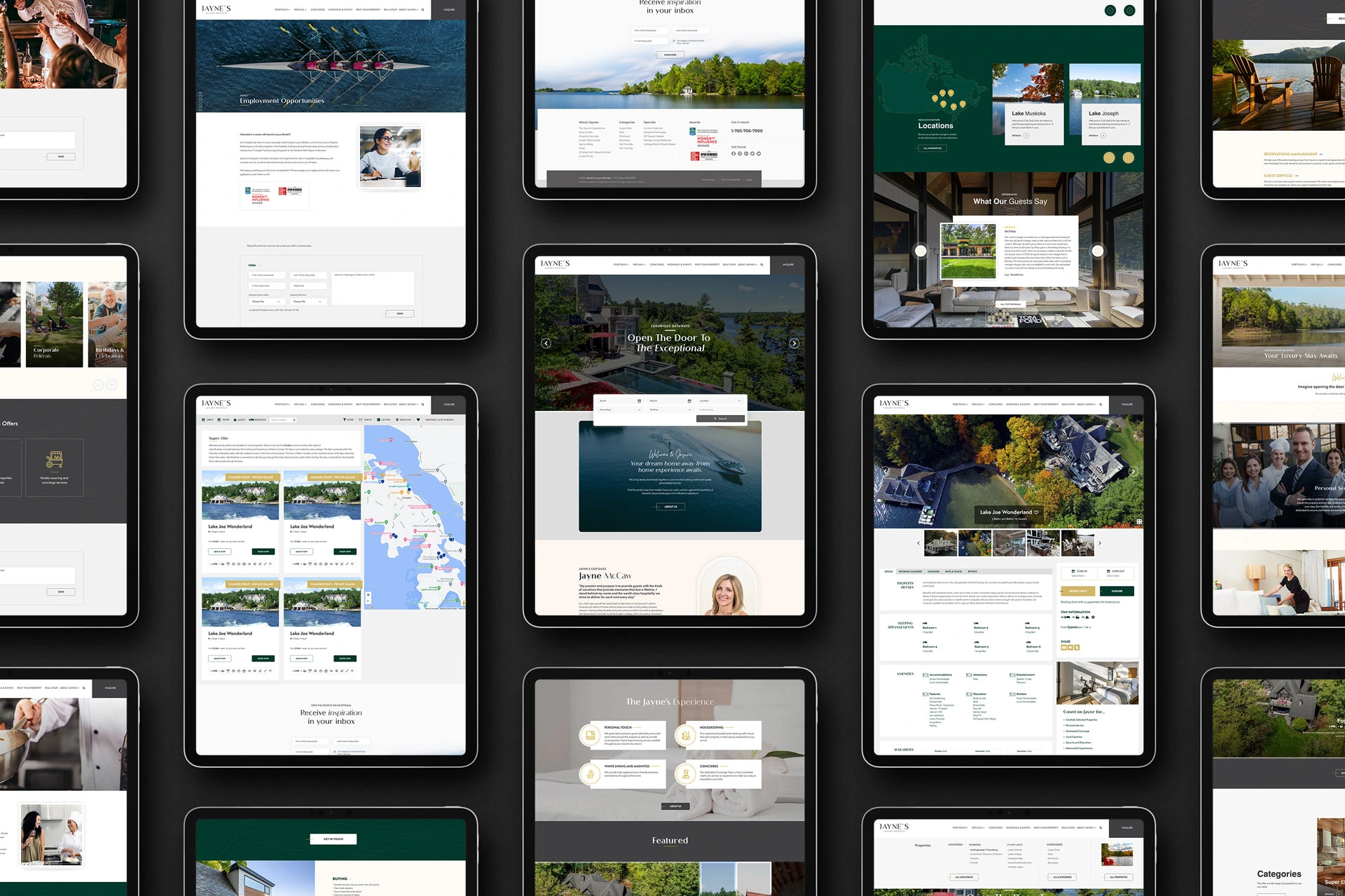 Jayne's Luxury Rentals website pages shown across devices
