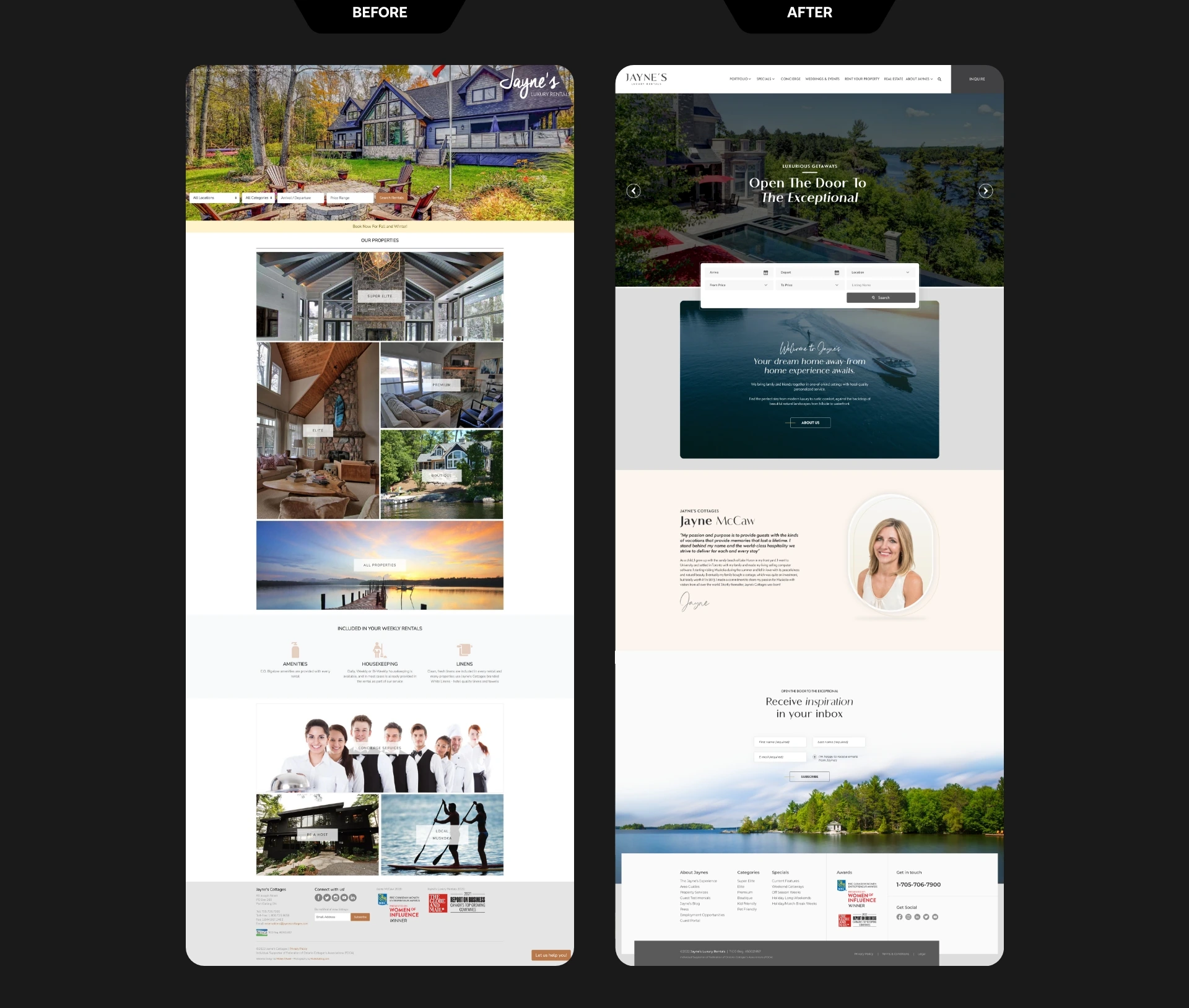 Jayne's Luxury Rentals website redesign — before and after