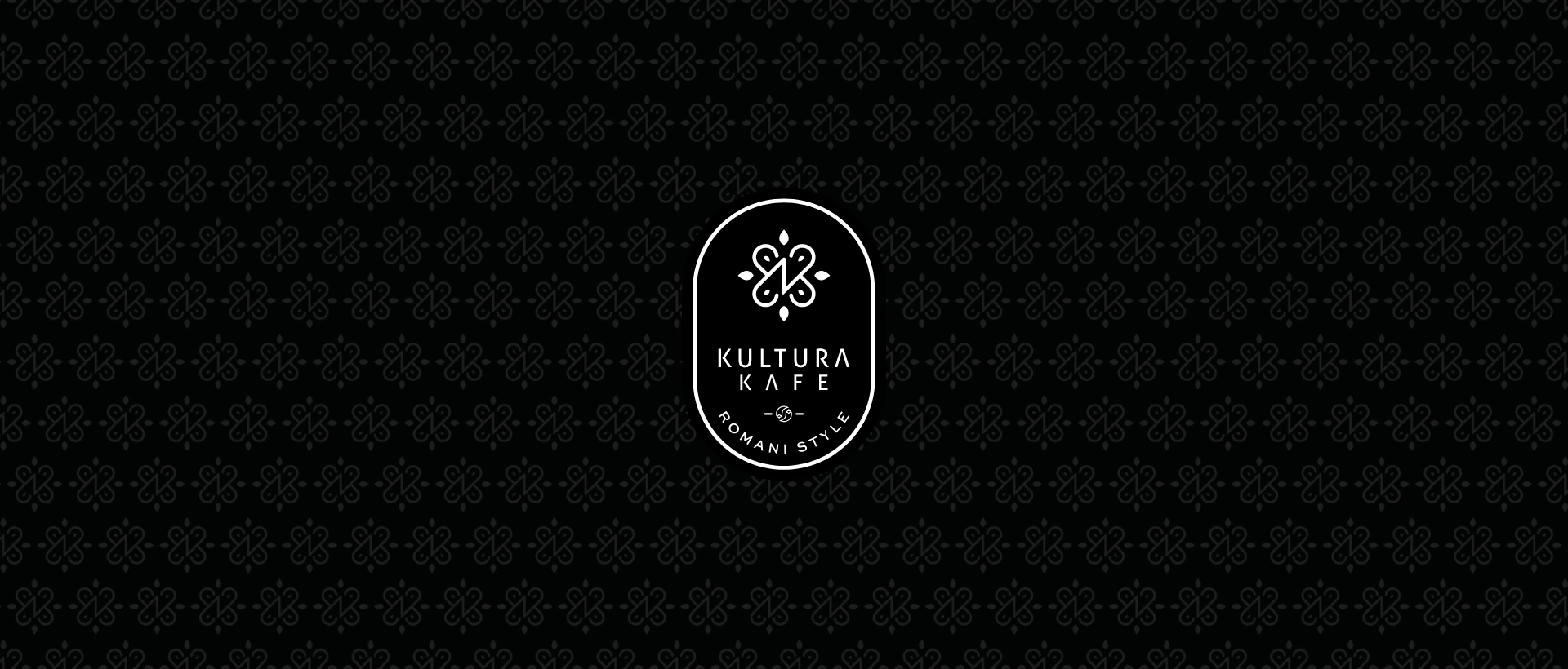 Kultura Kafe logo on a dark pattern background