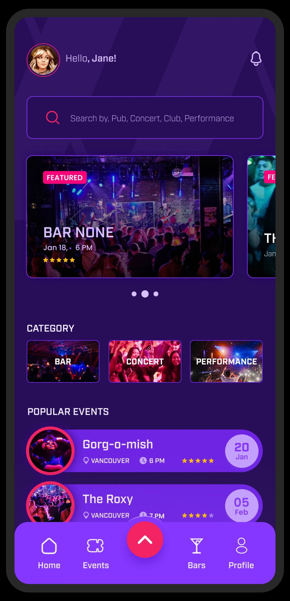 Vannify app home screen — upcoming events and categories