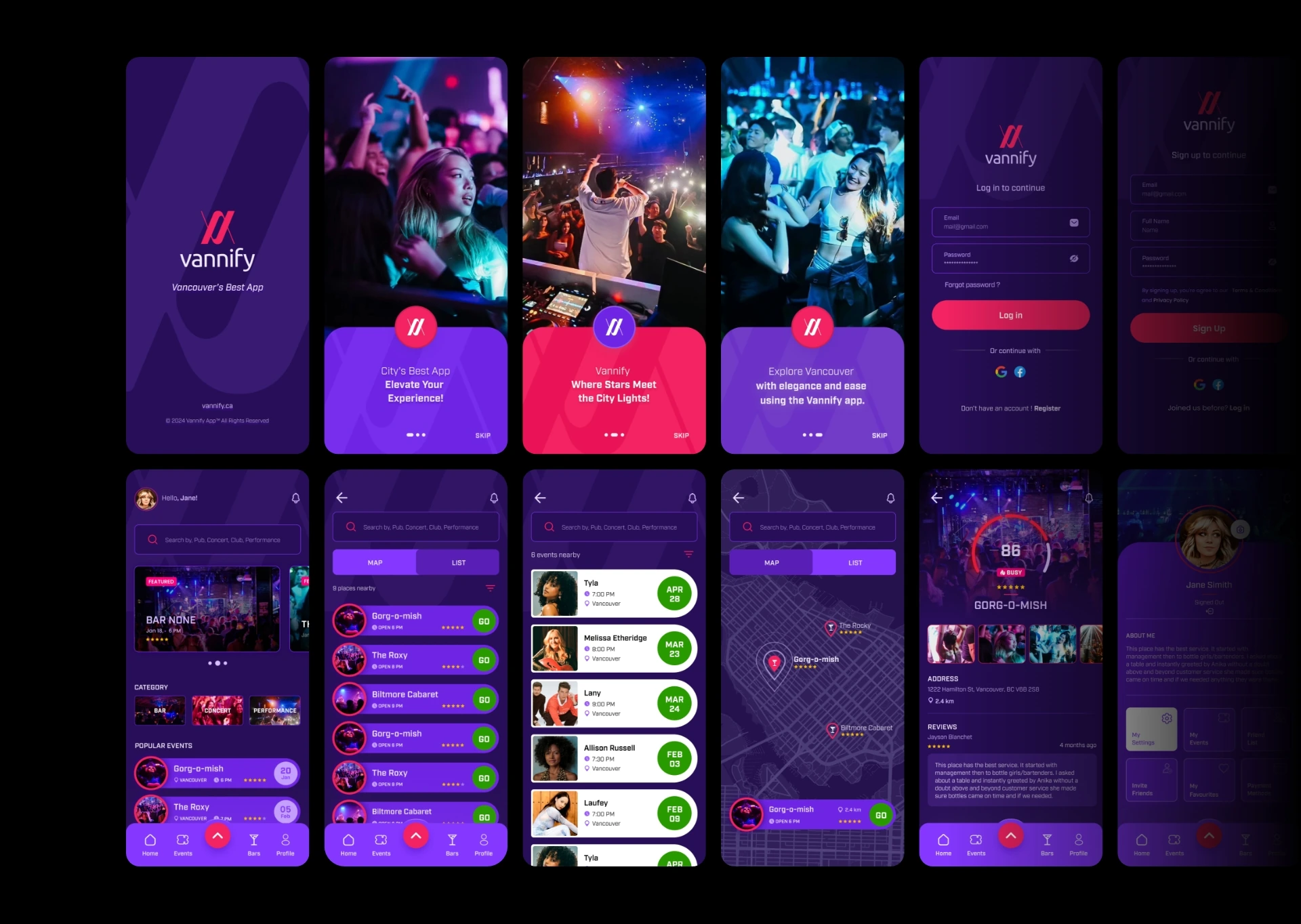 Vannify high-fidelity mobile app UI screens