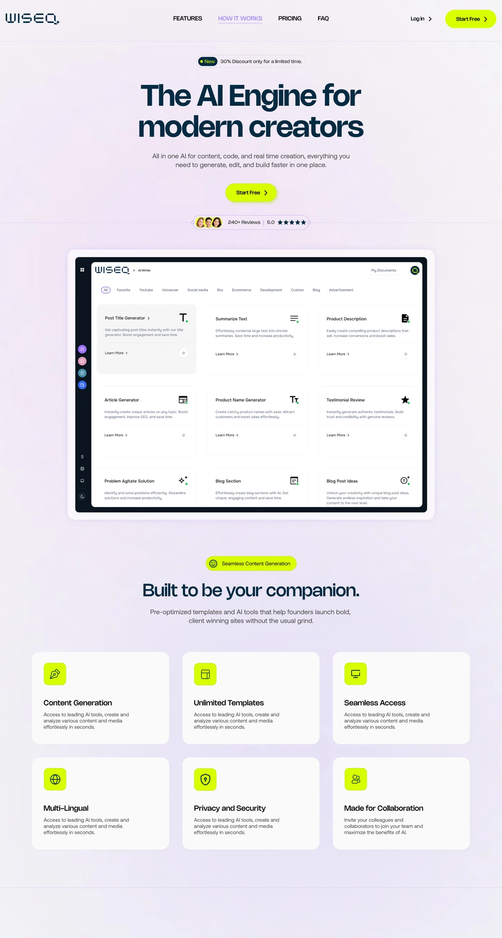 WISEQ AI landing page design — "The AI Engine for modern creators" hero and feature cards