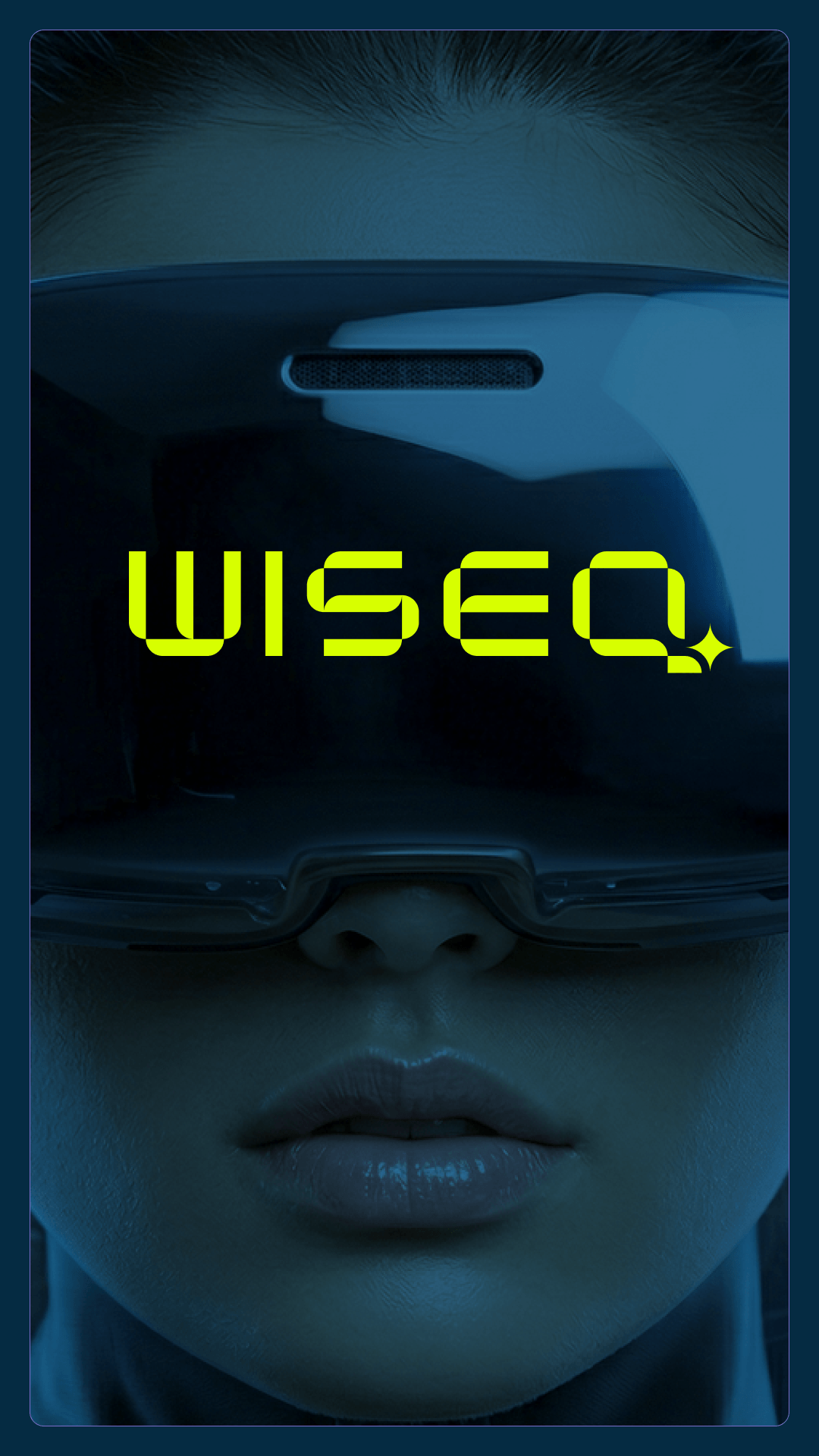 WISEQ AI brand visual — lime WISEQ logo over a woman wearing a VR visor