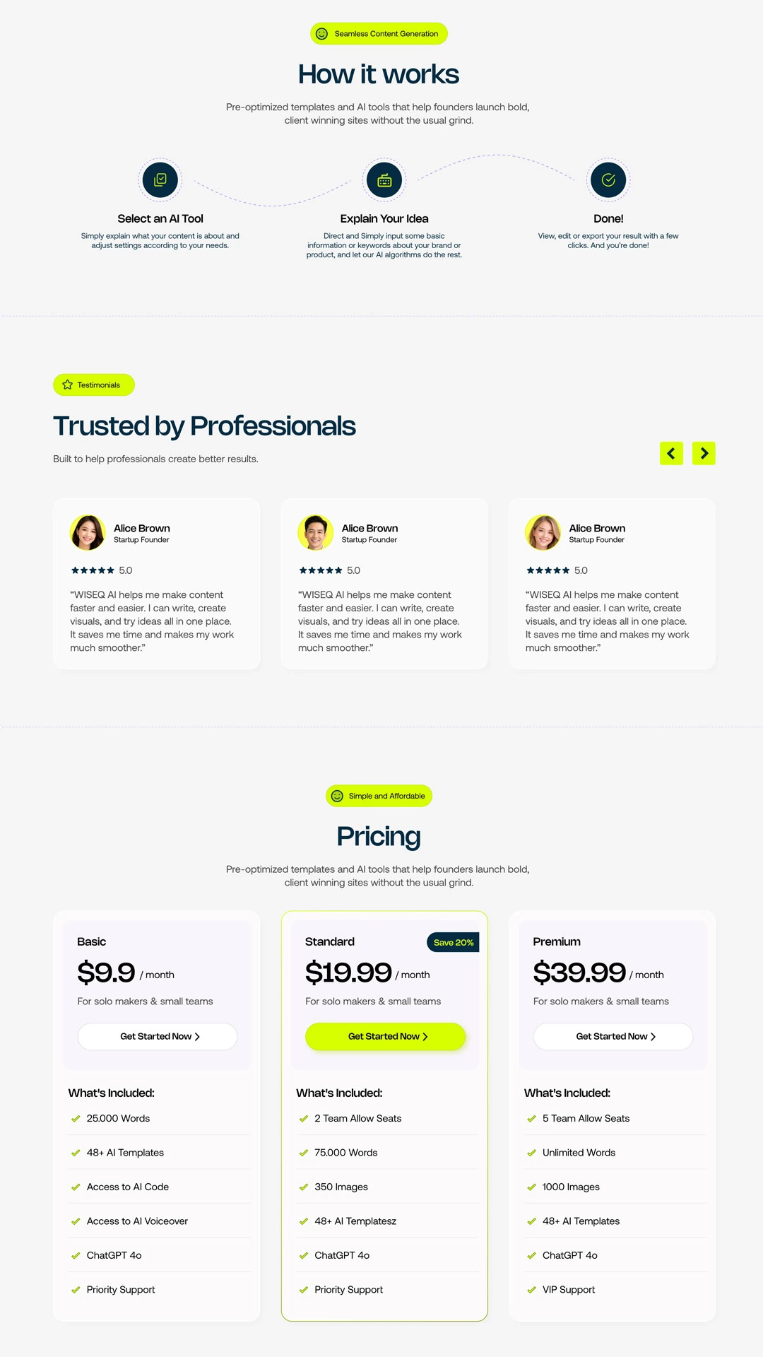 WISEQ AI landing page — how it works, testimonials and pricing plans