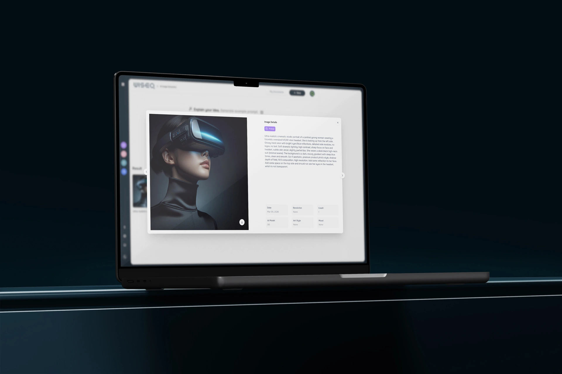 WISEQ AI web app on a laptop — AI image generator with prompt and image details