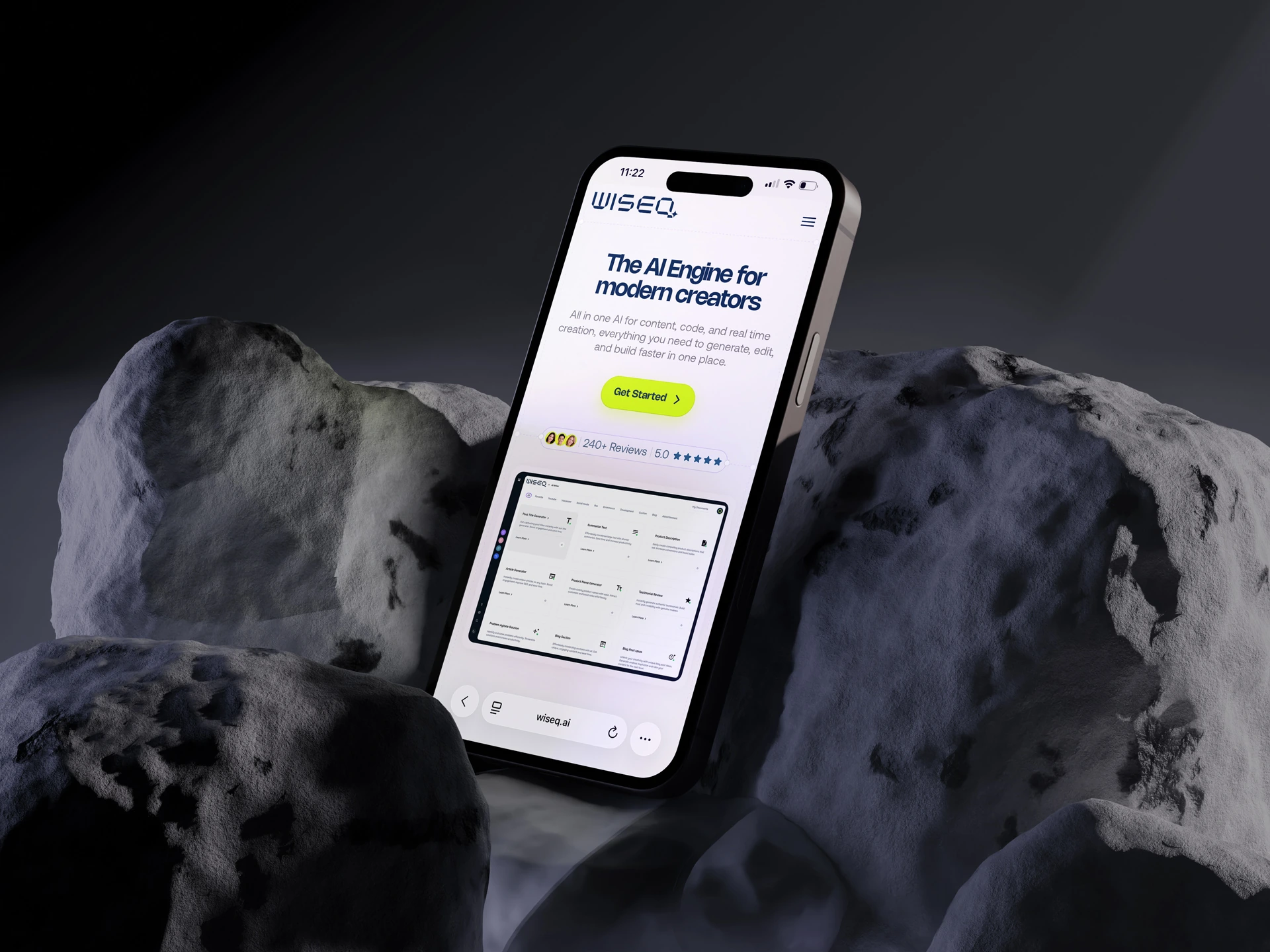 WISEQ AI mobile landing page on an iPhone resting on a rock