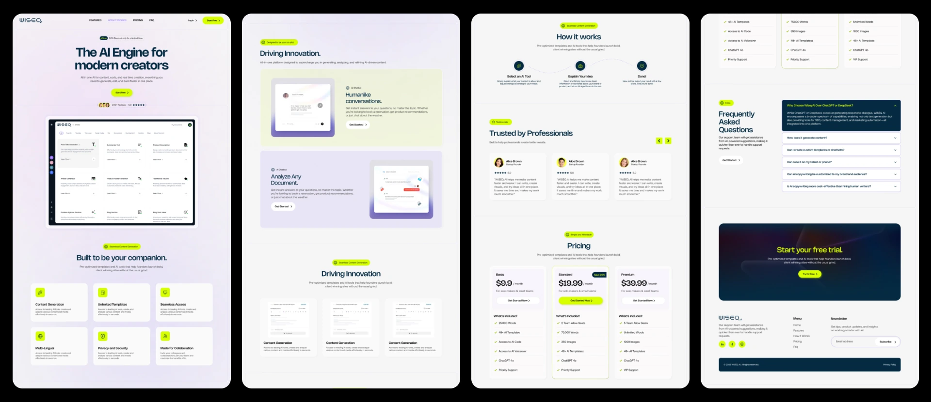 WISEQ AI high-fidelity UI designs for the landing page sections