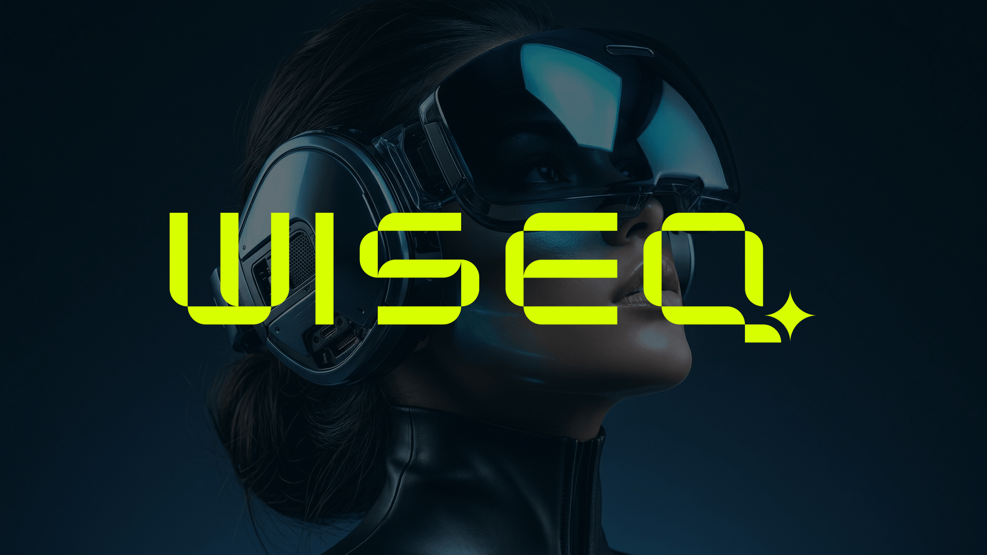 WISEQ AI brand identity — lime logo over a woman wearing headphones