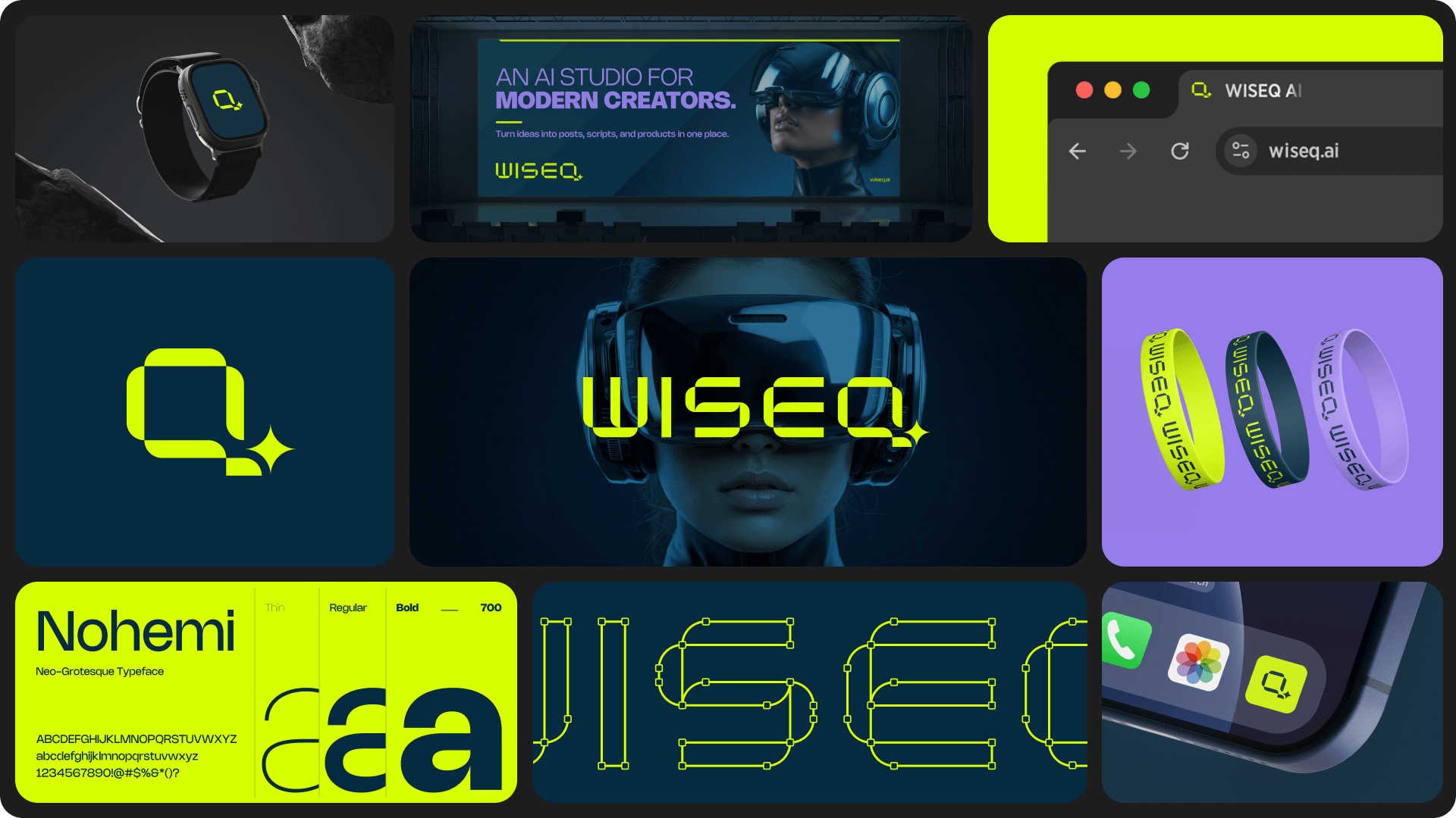 WISEQ AI brand system board — logo, app icon, Nohemi typography, merchandise and website