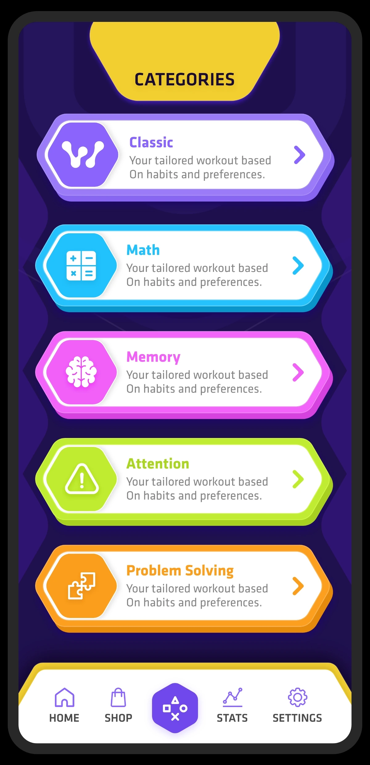 Witmina brain-training app — game categories screen