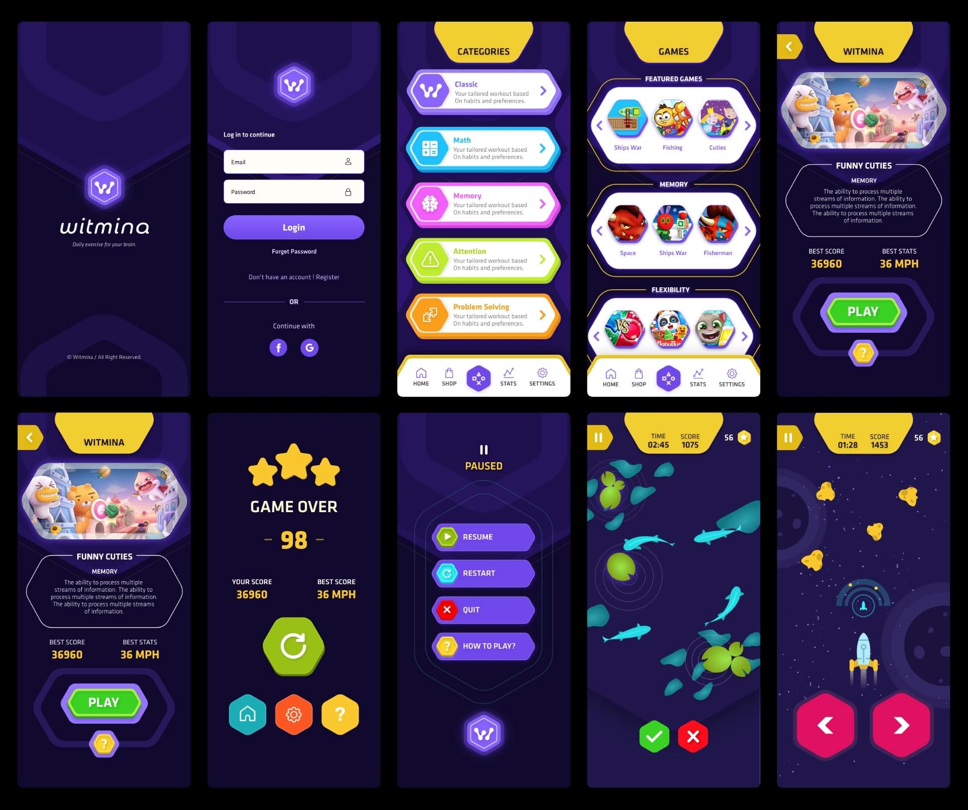 Witmina high-fidelity mobile app UI screens