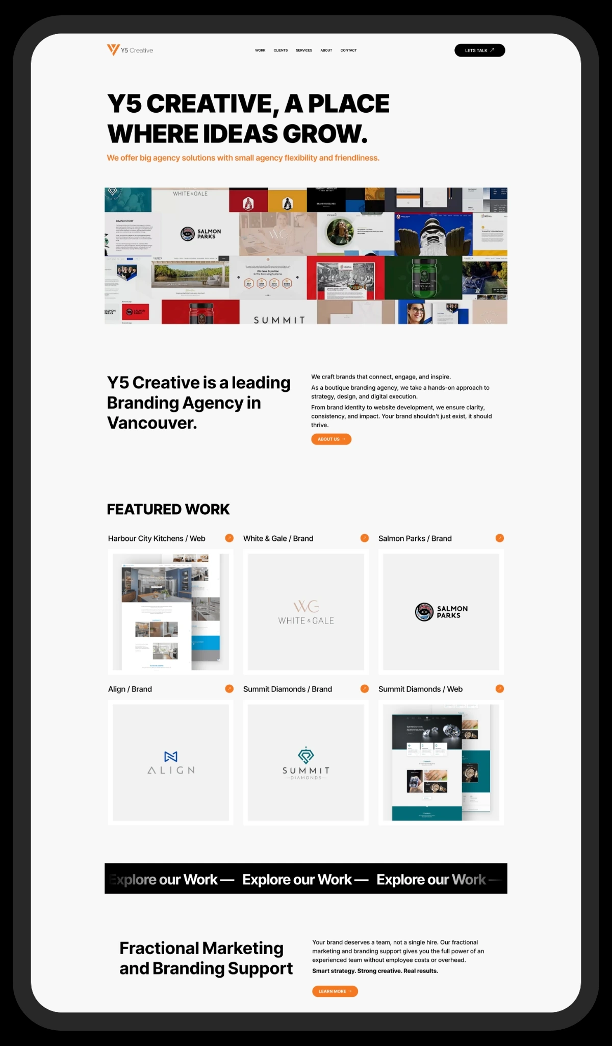Y5 Creative agency website home page — "Y5 Creative, a place where ideas grow"