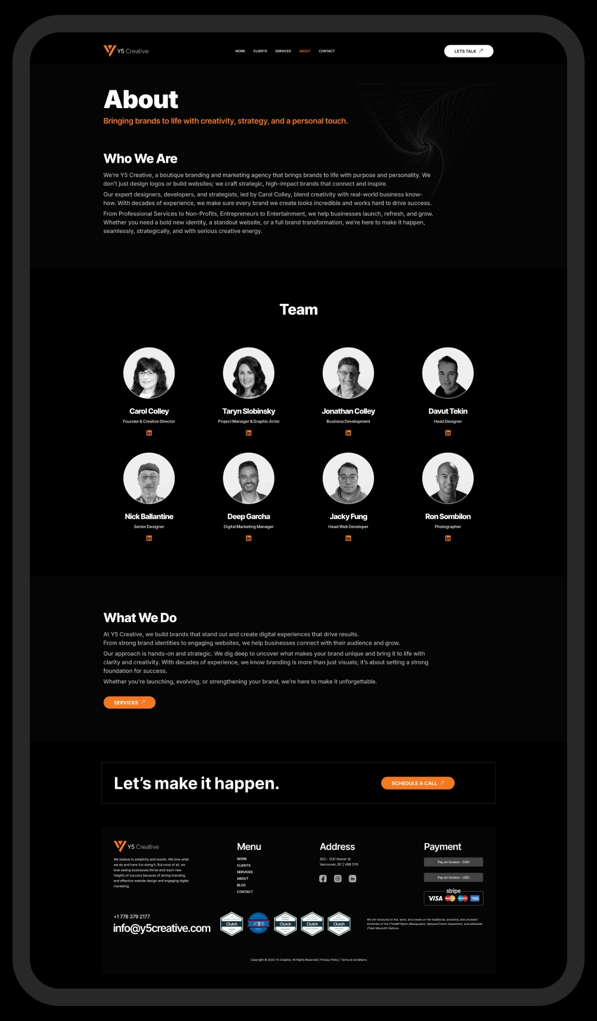 Y5 Creative website about page with team members