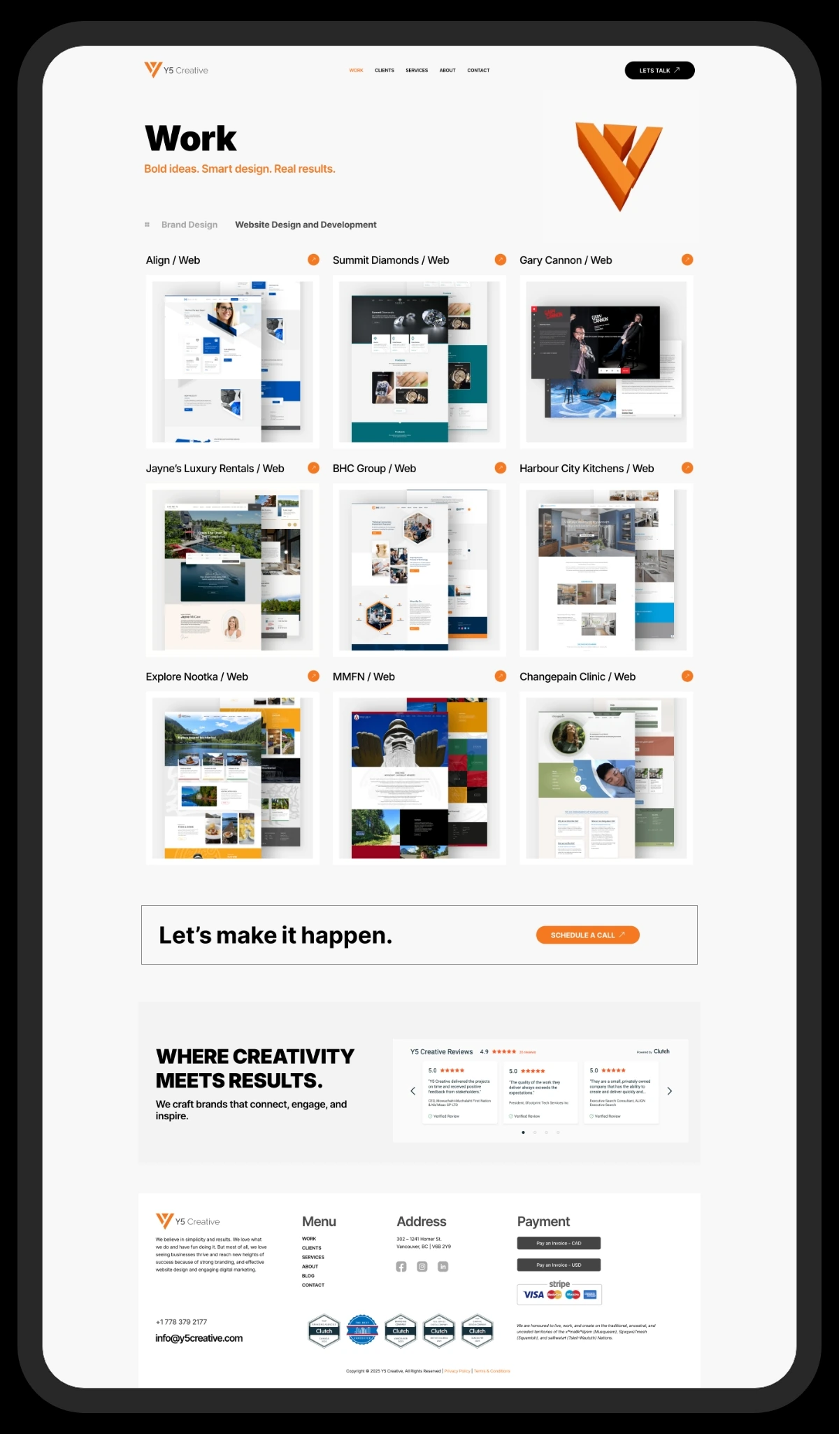Y5 Creative website work page with project grid