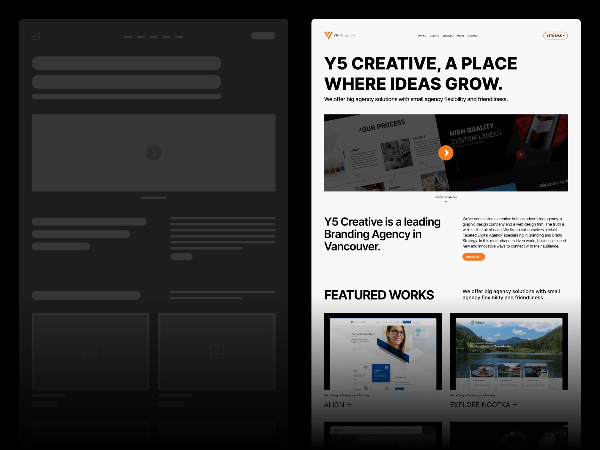 Y5 Creative home page — wireframe and final design side by side